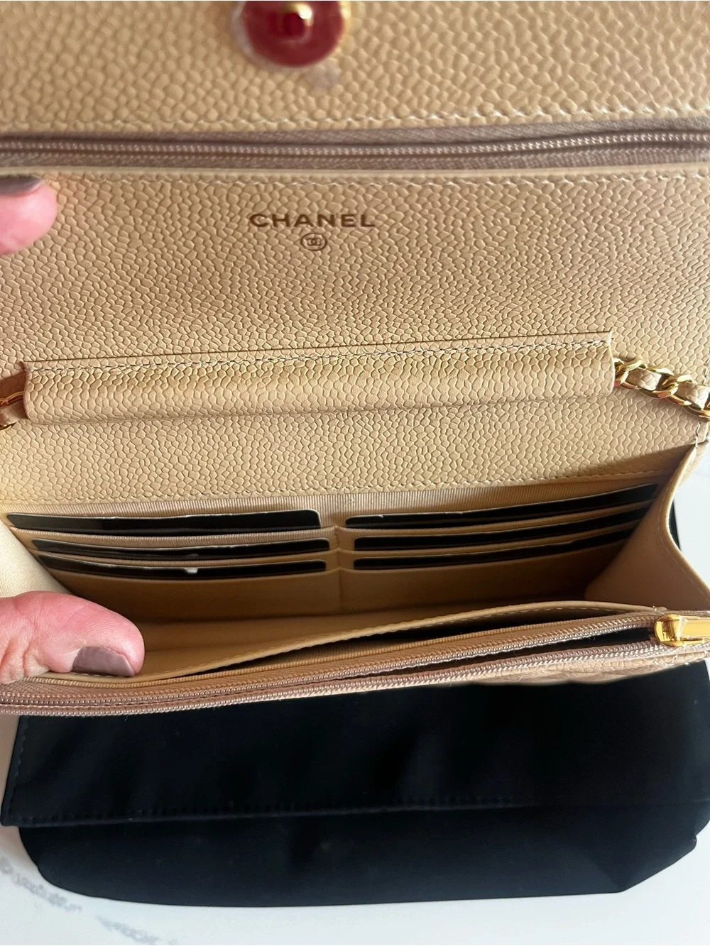 CHANEL Beige Quilted Caviar Leather Crossbody Wallet with Gold CC